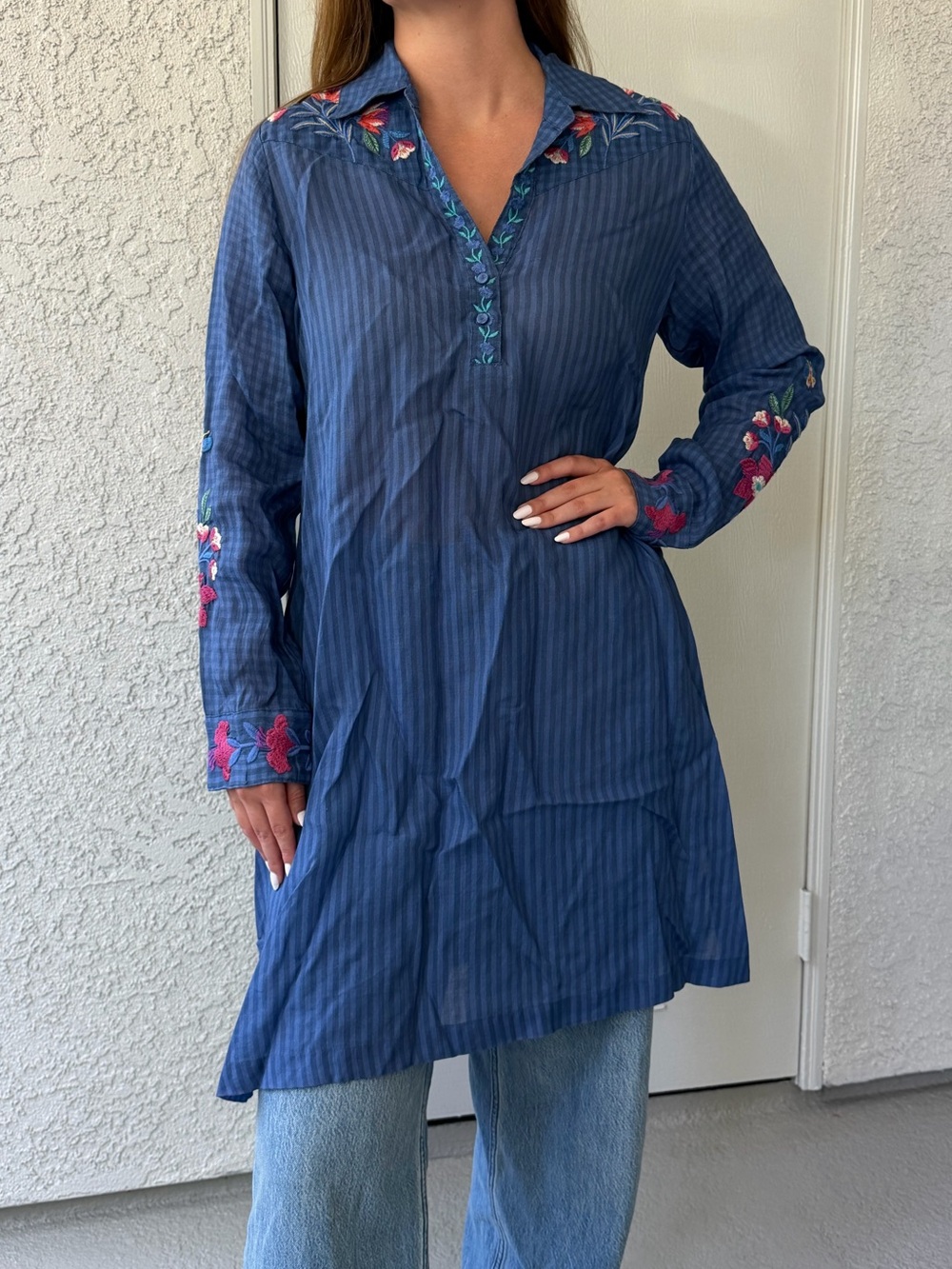 Johnny Was Elizabeth Henley Dress Jollen Stripe Embroidery Blue Size Small NWT